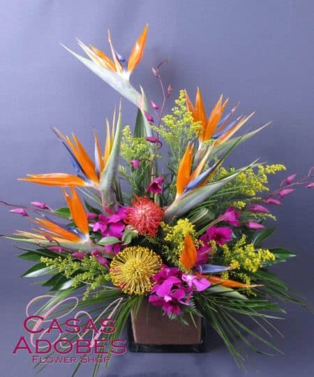 What beauty coming straight from the tropics! Exquisite birds of paradise, purple dendrobium orchids, pin cushion protea and solid aster designed in a glass vase filled with seashells and sand. Bring the beach inside to your home or office! 
