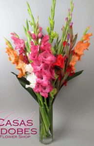 pink white and orange gladiolas with green accents